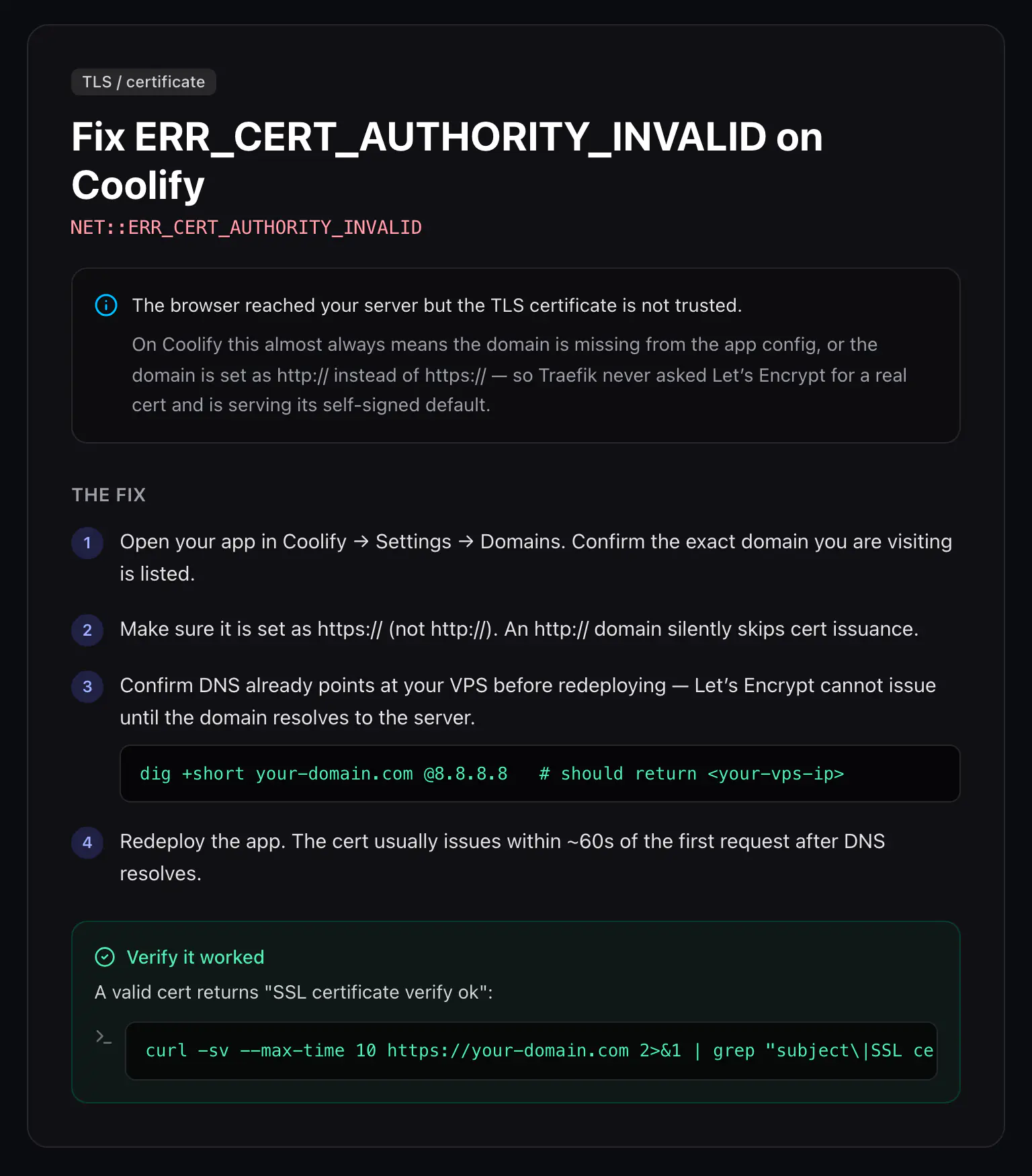 CoolFix diagnosing a NET::ERR_CERT_AUTHORITY_INVALID Coolify error: the step-by-step fix it returns, with the exact commands to verify it worked.