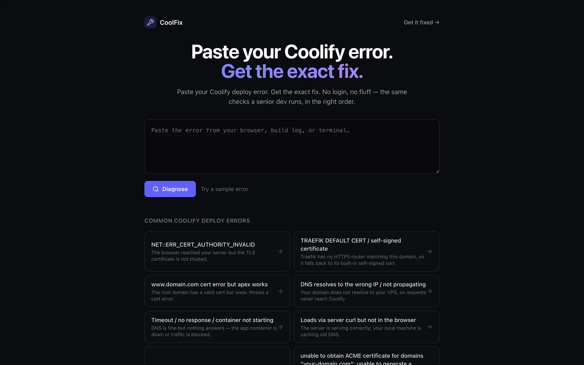The CoolFix home screen: paste a Coolify deploy error, get the exact fix, with a grid of common deploy errors below.