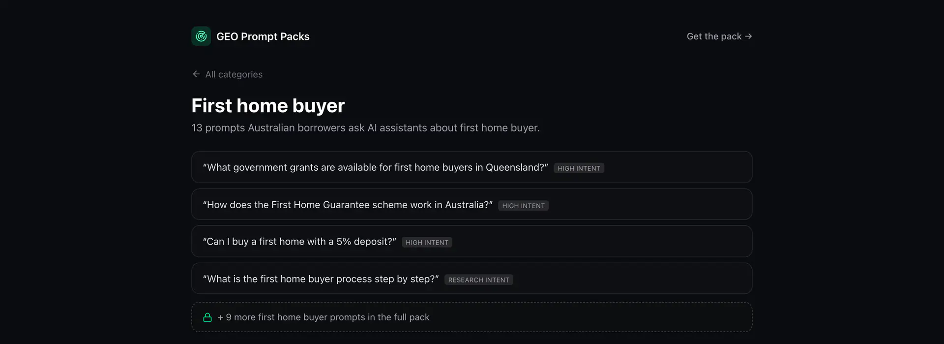 The first-home-buyer category in the GEO Prompt Packs library: four real buyer-intent prompts with intent tags, and nine more locked in the full pack.