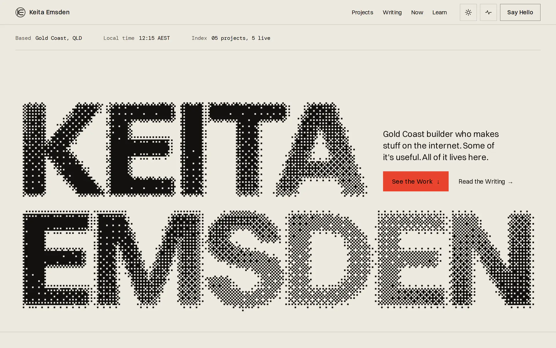 Keita Emsden personal website with a large typographic name, project navigation and a direct contact link.