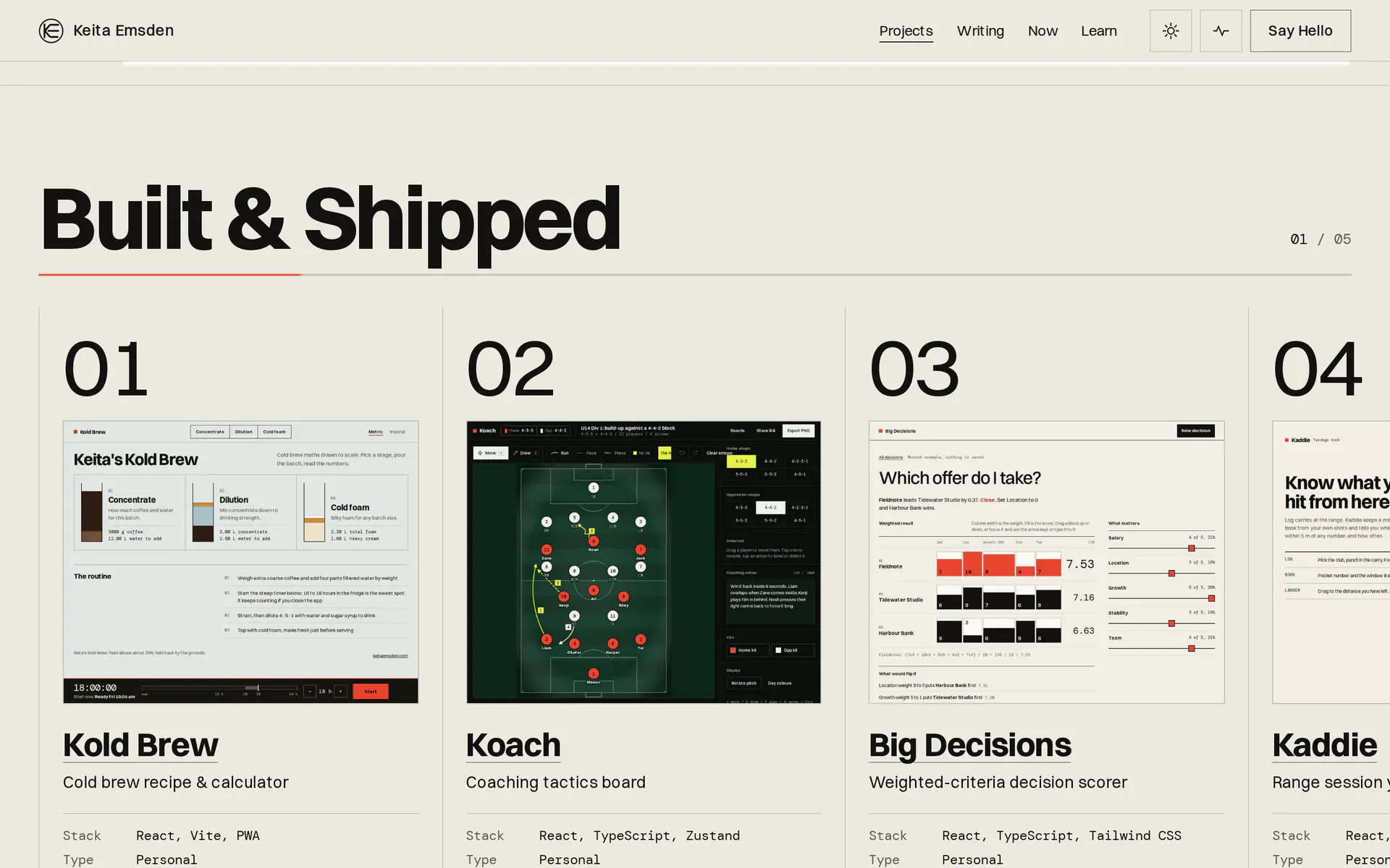 Built and Shipped project section on keitaemsden.com, showing four project examples.